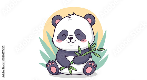 A cute baby panda happily sitting and holding a bamboo branch.