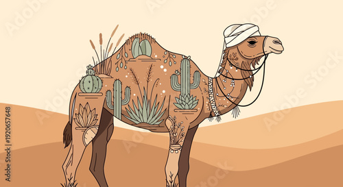 Camel with desert plants growing inside its body illustration.