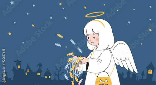 A Celestial Being Bestowing Candies Amidst a Spooky Evening's Enchanted Atmosphere