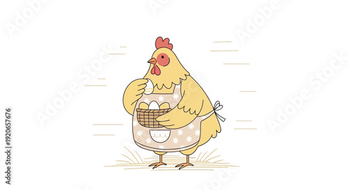 A Cheerful Chicken Holding Eggs in An Apron, Ready for An Easter Meal Preparation