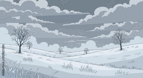 Cartoon Winter Landscape with Bare Trees and Overcast Sky