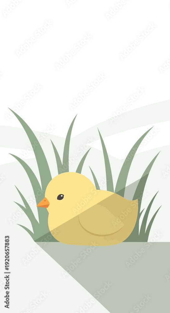 Fototapeta premium A Cheerful Yellow Chick Nestled in Green Grass, A Delightful Springtime Illustration