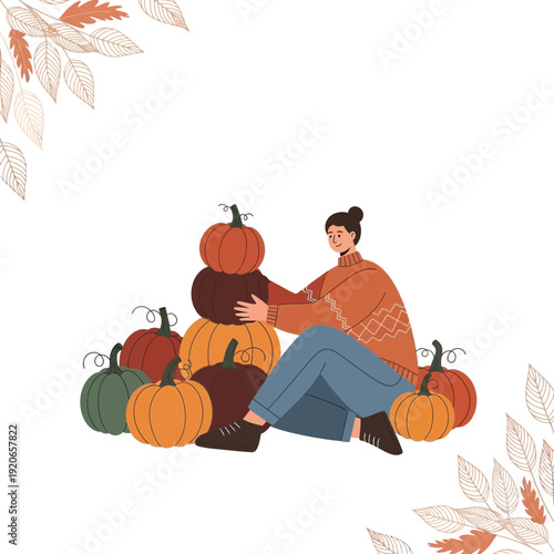 Autumnal Assemblage: A Cozy Moment with Pumpkins, Leaves, and Warm Apparel