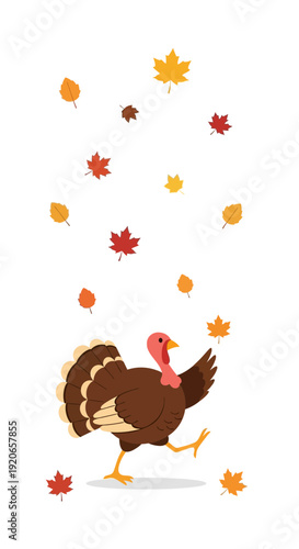 A Cheerful Turkey Dancing Under Falling Autumn Leaves Celebrating Harvest Season