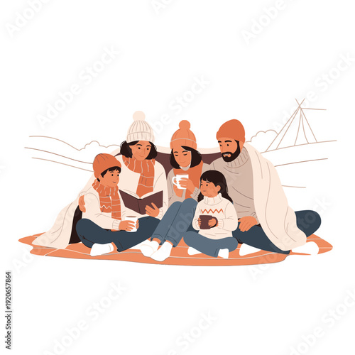Cozy Family Moment: Shared Reading and Warmth During a Winter Camping Adventure