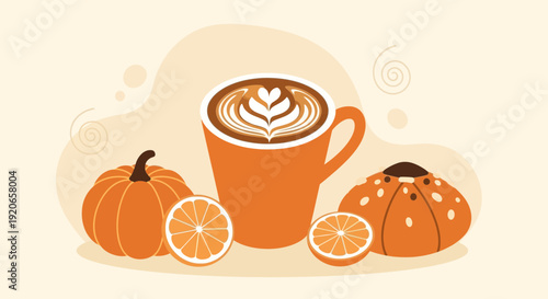 A Cozy Autumnal Still Life Depicting Pumpkin, Coffee, Pastry, and Citrus Elements