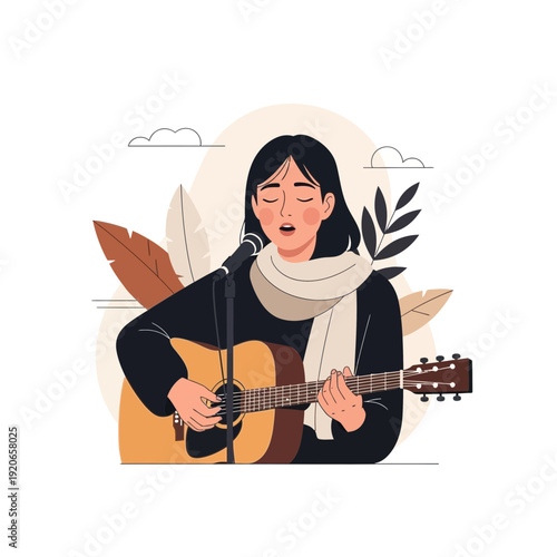 A Singer Performing on Stage with an Acoustic Guitar, Expressing Emotions Through Song