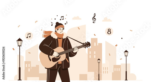 A Singer Playing Guitar Outdoors, Creating Melodies And Entertaining The Audience