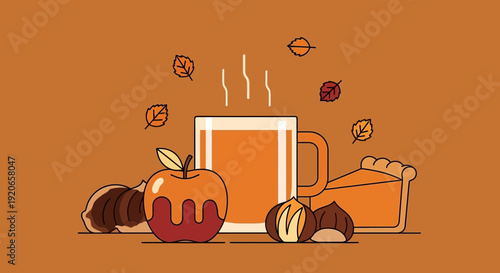 Autumnal Still Life Featuring a Warm Drink, Apple, Nuts, And A Delicious Pie