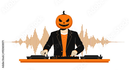 A Spooky Halloween DJ Playing Music With Pumpkin Head and Sound Wave Background