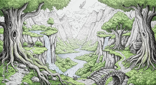 Enchanted valley with waterfalls, mountains, and a winding river