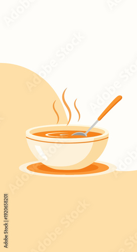 A Delicious Bowl Of Warming Soup With Steam And Spoon Against An Abstract Background
