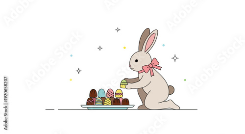 A Delightful Easter Scene Featuring a Rabbit Adorning Chocolate Eggs for Celebration