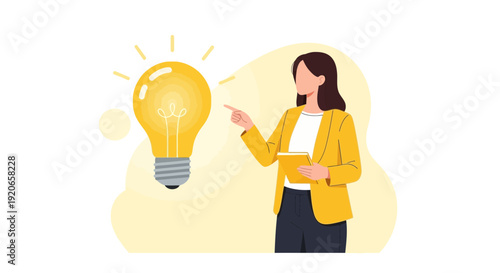 Businesswoman Pointing at a Light Bulb Symbolizing a Powerful Brilliant New Idea