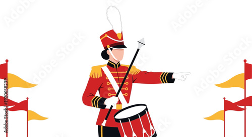 Cartoon Marching Band Member Directing And Leading A Parade With Flags And Drums