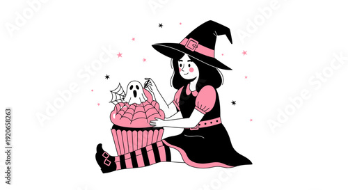 A Witch Adorns a Halloween Cupcake with Spooky and Delightful Decorations