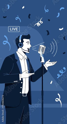 A Distinguished Announcer Broadcasting Live at an Event with Energetic Confetti Showers and