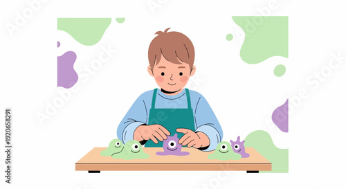 Creative Kid Sculpting Alien Creatures on a Wooden Table in Playful Illustration