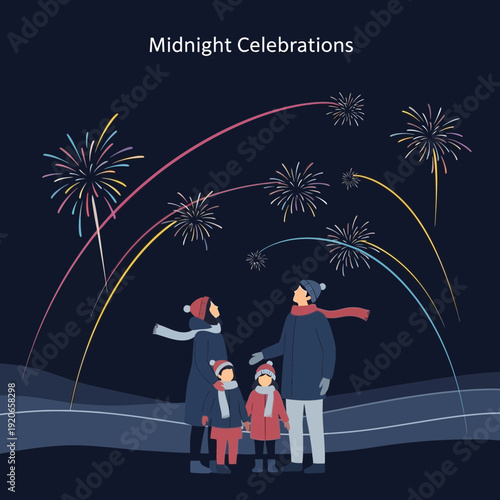 A Family Appreciates Spectacular Fireworks At Midnight, Joyfully Gazing Upward Into The Night Sky