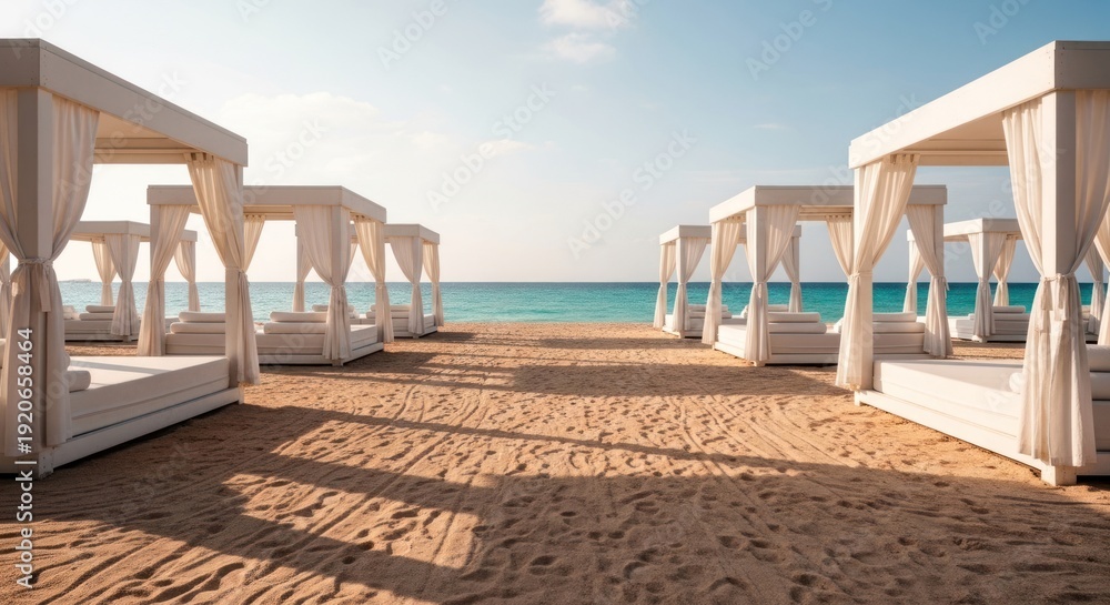 Fototapeta premium Sandy beach with rows of white cabanas facing turquoise water under a blue sky