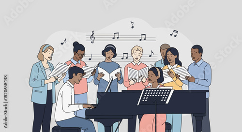 A Harmonious Choir Performance with Piano Accompaniment Illustrating Unity and Musical Passion