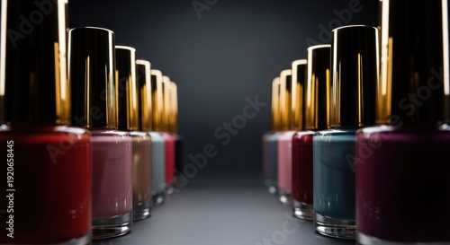 Rows of nail polish bottles with golden caps, arranged on a dark surface, studio lit