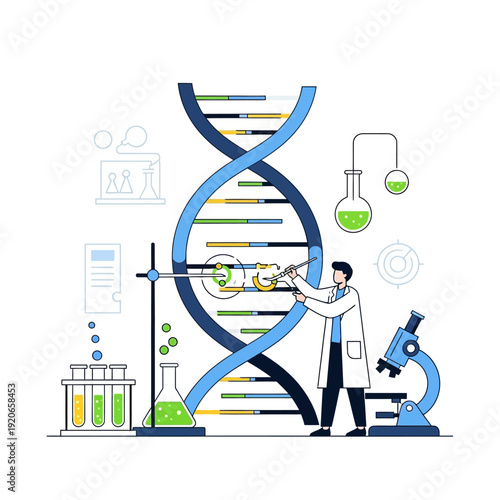 Scientist working with DNA helix, genetic engineering, research, laboratory equipment