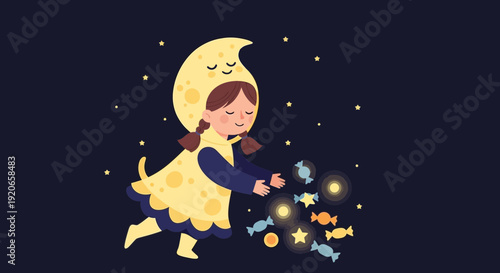 A Young Girl Dressed As The Moon, Showering Candies Under The Stars
