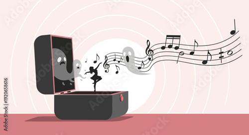 A Musical Box Unveiling A Dance Of Ghosts And Melodies, A Surrealist Artwork