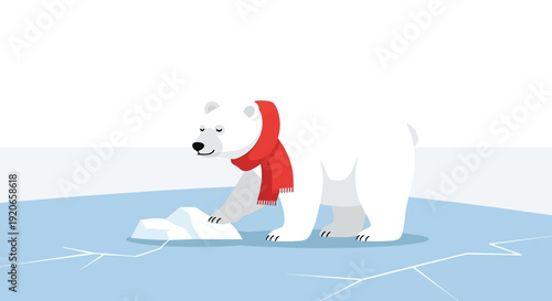 Charming Polar Bear On Ice Wearing A Cozy Red Scarf With A Wintery Ice Landscape