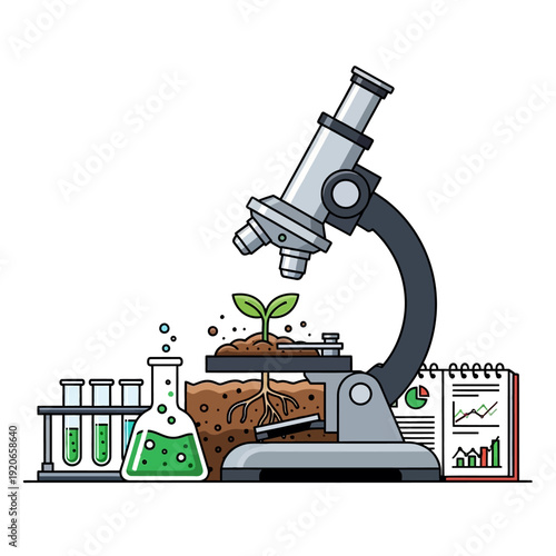 Microscope analyzing plant growth in soil with lab equipment and charts
