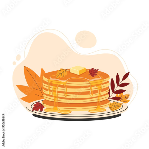 Delicious Stack of Golden Pancakes with Maple Syrup, Butter, and Autumnal Accents Presentation