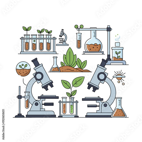 Plant Science Research: Microscopes, Test Tubes, and Seedlings in Lab Setting
