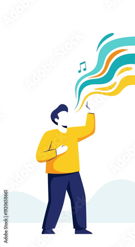 Abstract Illustration Depicting a Person Generating Melodic Waves and Symbolic Creativity