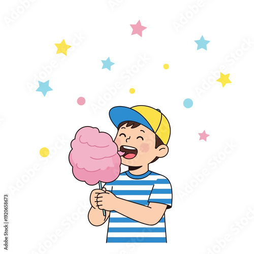 Delighted Child Devouring Pink Cotton Candy Under Festive, Colorful, Animated Stars Delight