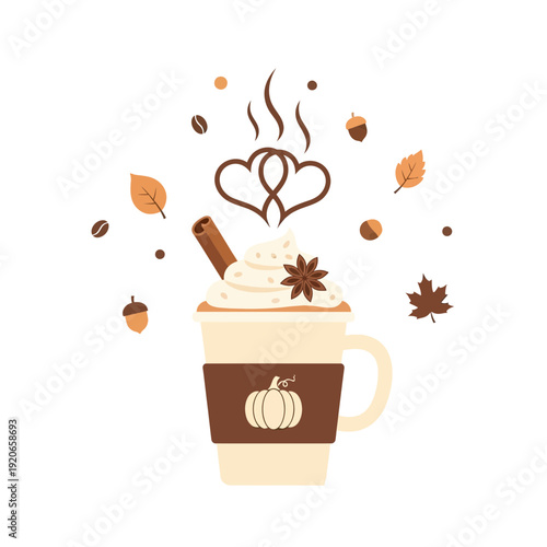 Delightful Autumn Latte Art with Pumpkin Spice, Cinnamon, and Hearty Warmth For Illustration
