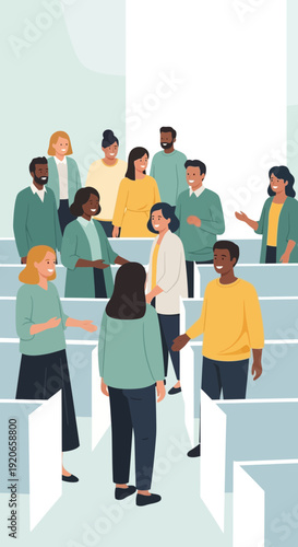 Diverse Group Interacting in Modern Space Illustrating Communication and Collaboration for Success