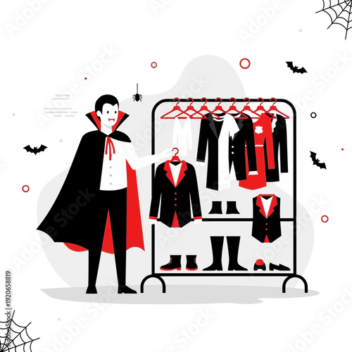 Dracula Character Selecting Wardrobe for Spooky Halloween Costume Party Celebrations with Style