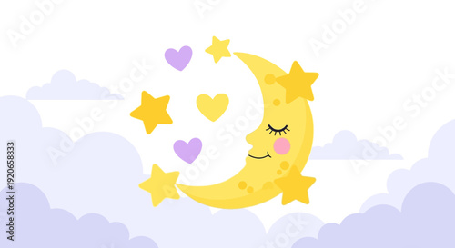 Dreamy Moon And Stars Illustration With Hearts And Clouds For Kids Design
