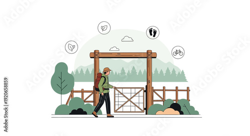 Adventurer Entering Park Gate, Exploring Nature, Environmentally Conscious, Sustainable Lifestyle