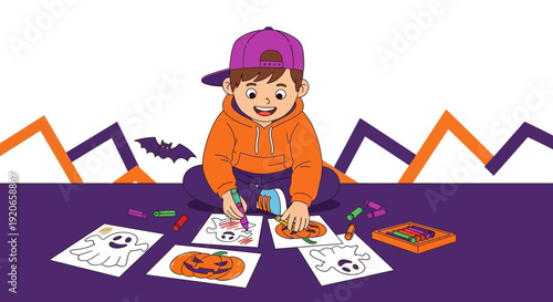 Child Creating Spooky Artwork For Halloween Celebration With Bats and Pumpkins Imagery