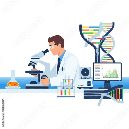 Scientist examining DNA structure with microscope and computer in laboratory