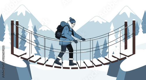 Adventurous Traveler Crossing The Snowy Bridge Towards The Majestic Snowy Mountains