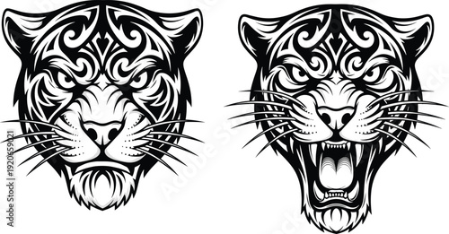 Fierce Tiger Head Vector Set with Tribal Pattern Details and Roaring Expression for T-shirt Design, Gaming Mascots, Sports Logos, and Tattoo Art