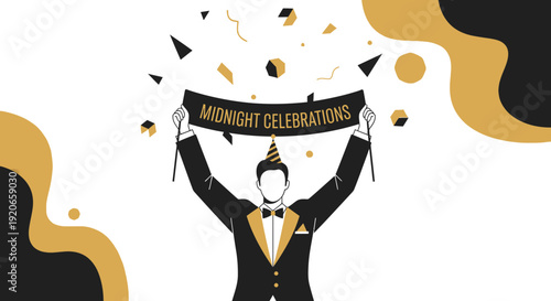 Elegant Black and Gold Design Depicting Midnight Celebrations with Confetti and Person