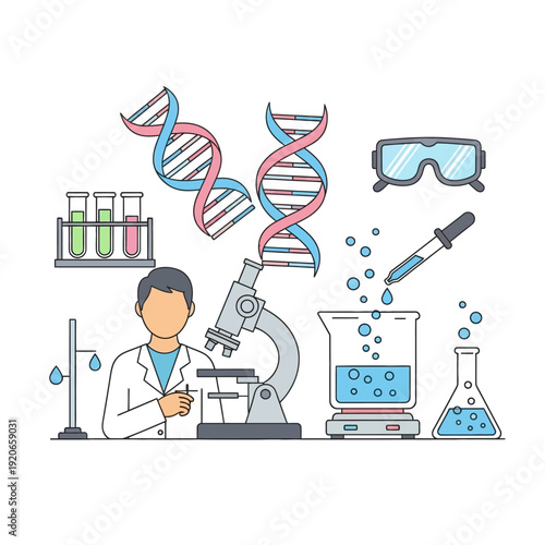Scientist working in lab with DNA, microscope, test tubes, and beaker