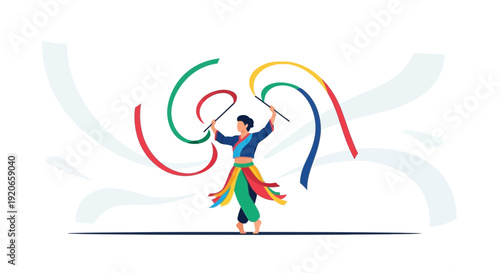 Colorful Dancer Performs With Flowing Ribbons Creating Beautiful Artistic Swirls And Designs