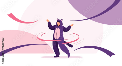 A Person in a Cat Costume Balancing a Hula Hoop in a Whimsical Artistic Style
