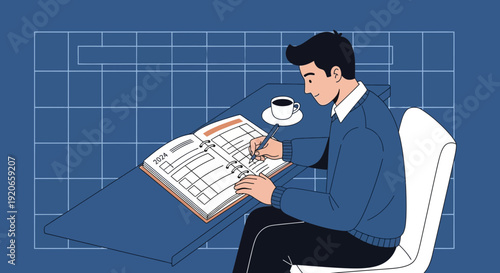 A Person Planning Schedules And Tasks In A 2024 Planner At A Desk With A Coffee