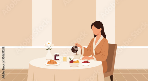 Elegant Lady Enjoying a Relaxing Breakfast in a Serene and Warm Environment